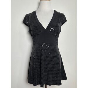 Byer VTG Y2K Babydoll Top L Black Shimmer Party Evening Going Out Short Sleeve